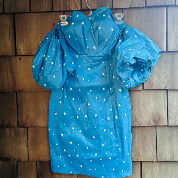 Michele Laperle White Stars Print Puff Sleeves Knee Length Blue Bustier Dress 8 - Picture 6 of 12